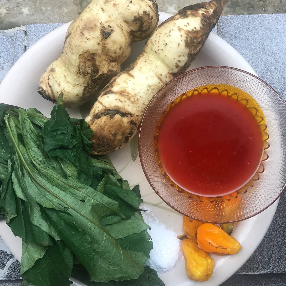 Ingredients prepared for a Nigerian dish.